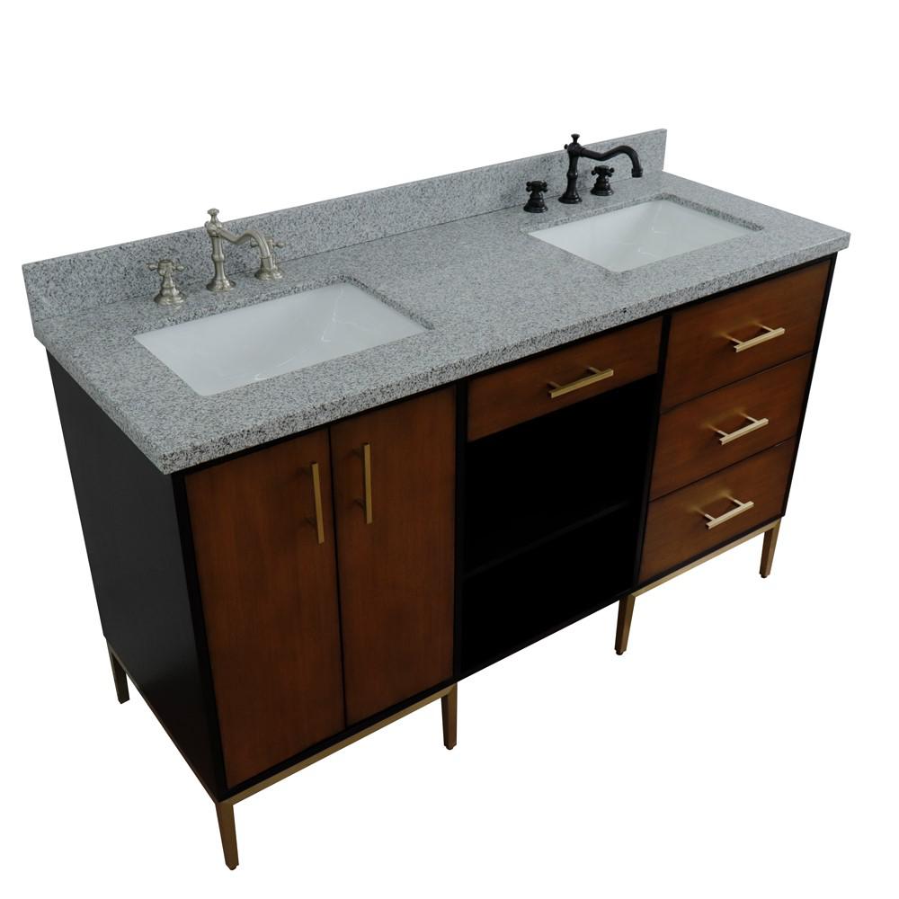 Double sink vanity in Walnut and Black and Gray granite and rectangle sink. Picture 19
