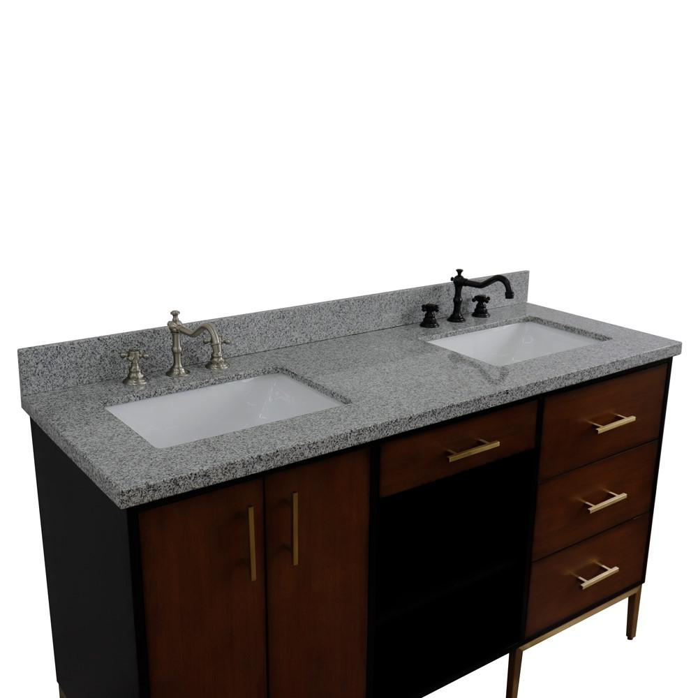 Double sink vanity in Walnut and Black and Gray granite and rectangle sink. Picture 20