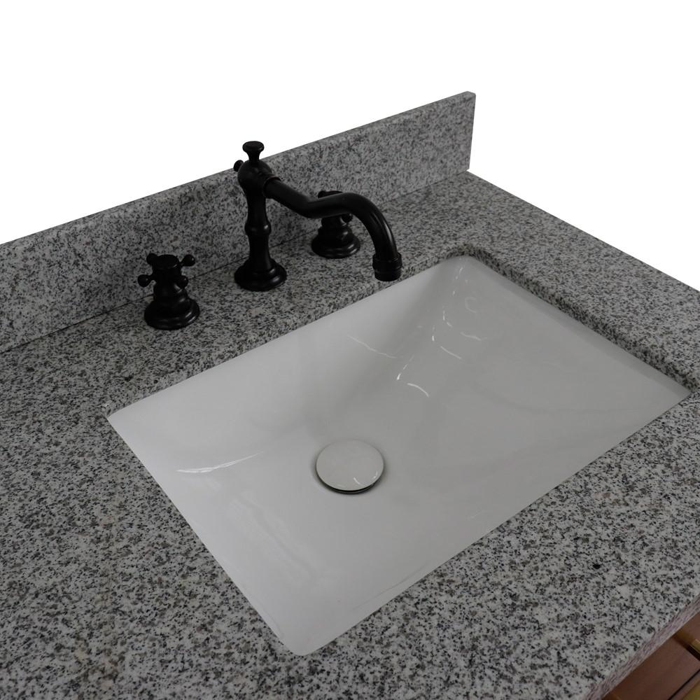 Double sink vanity in Walnut and Black and Gray granite and rectangle sink. Picture 21