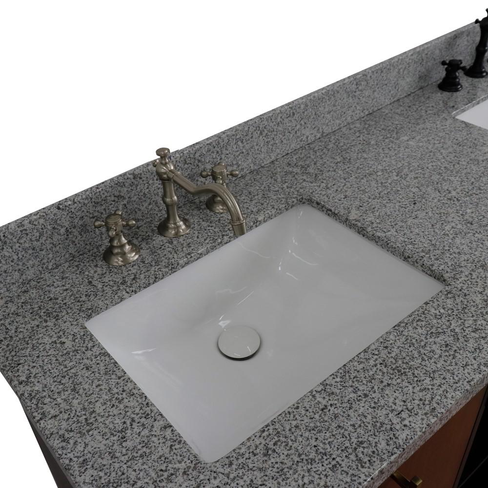 Double sink vanity in Walnut and Black and Gray granite and rectangle sink. Picture 22