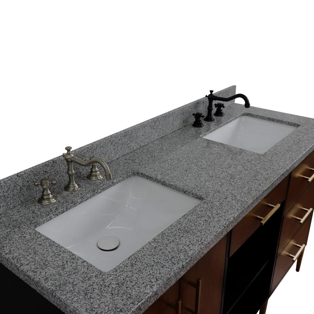 Double sink vanity in Walnut and Black and Gray granite and rectangle sink. Picture 23