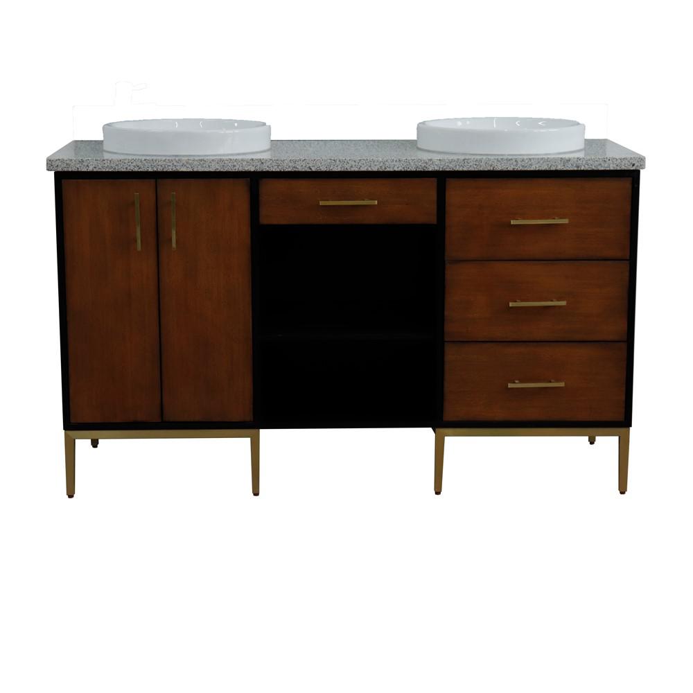 Double sink vanity in Walnut and Black and Gray granite and rectangle sink. Picture 45