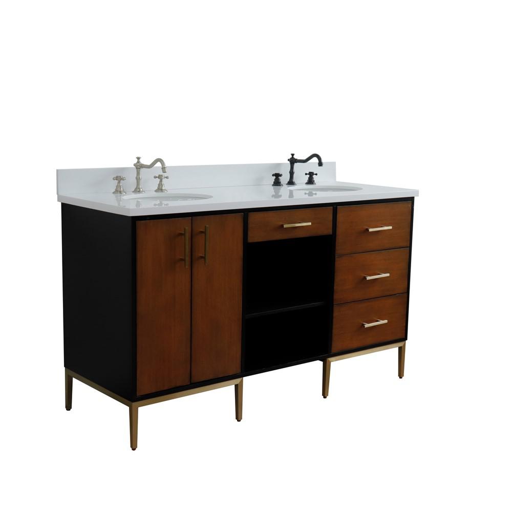 61 Double sink vanity in Walnut and Black finish and White quartz and oval sink. Picture 13