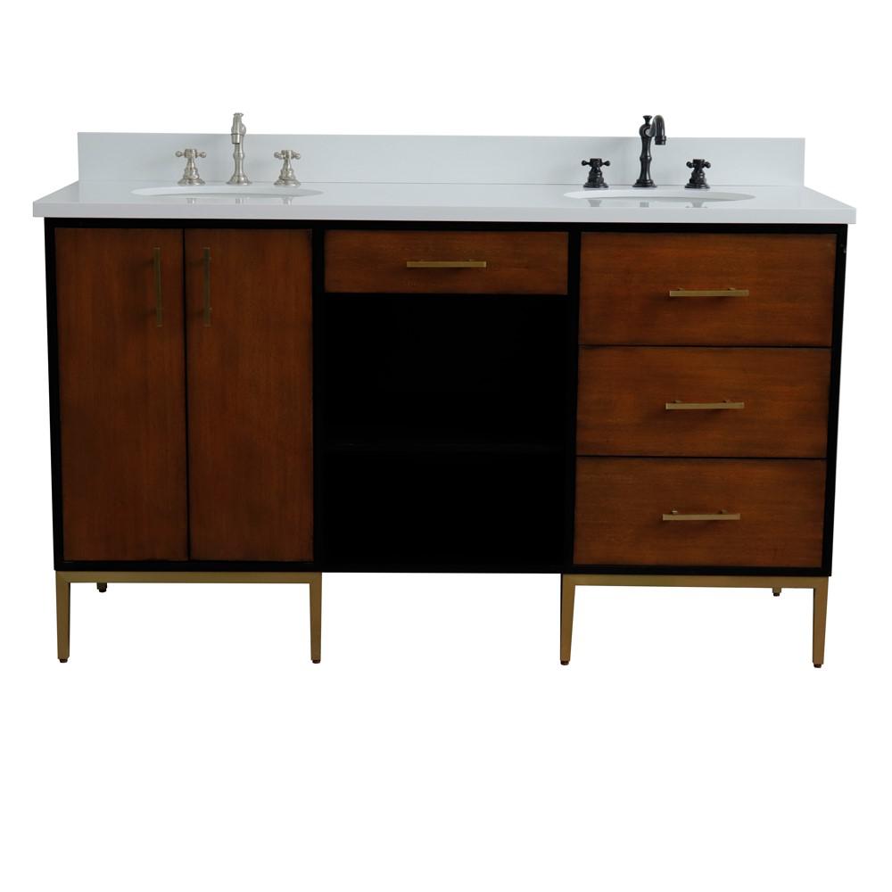 61 Double sink vanity in Walnut and Black finish and White quartz and oval sink. Picture 17