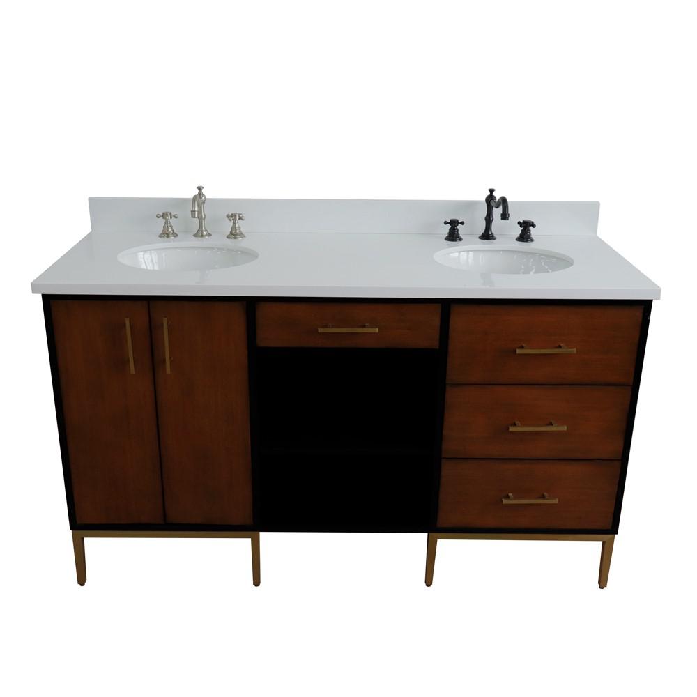 61 Double sink vanity in Walnut and Black finish and White quartz and oval sink. Picture 18