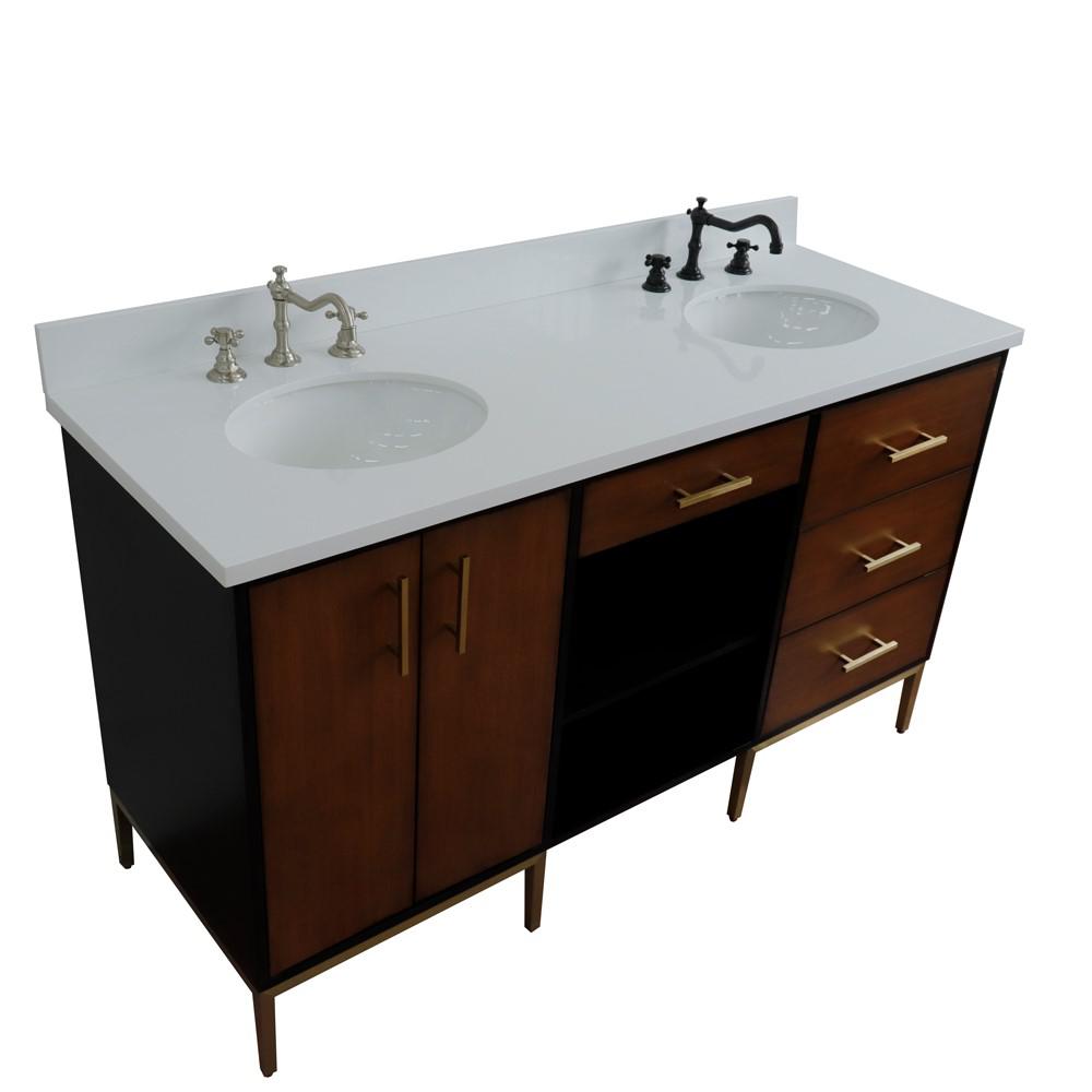 61 Double sink vanity in Walnut and Black finish and White quartz and oval sink. Picture 19