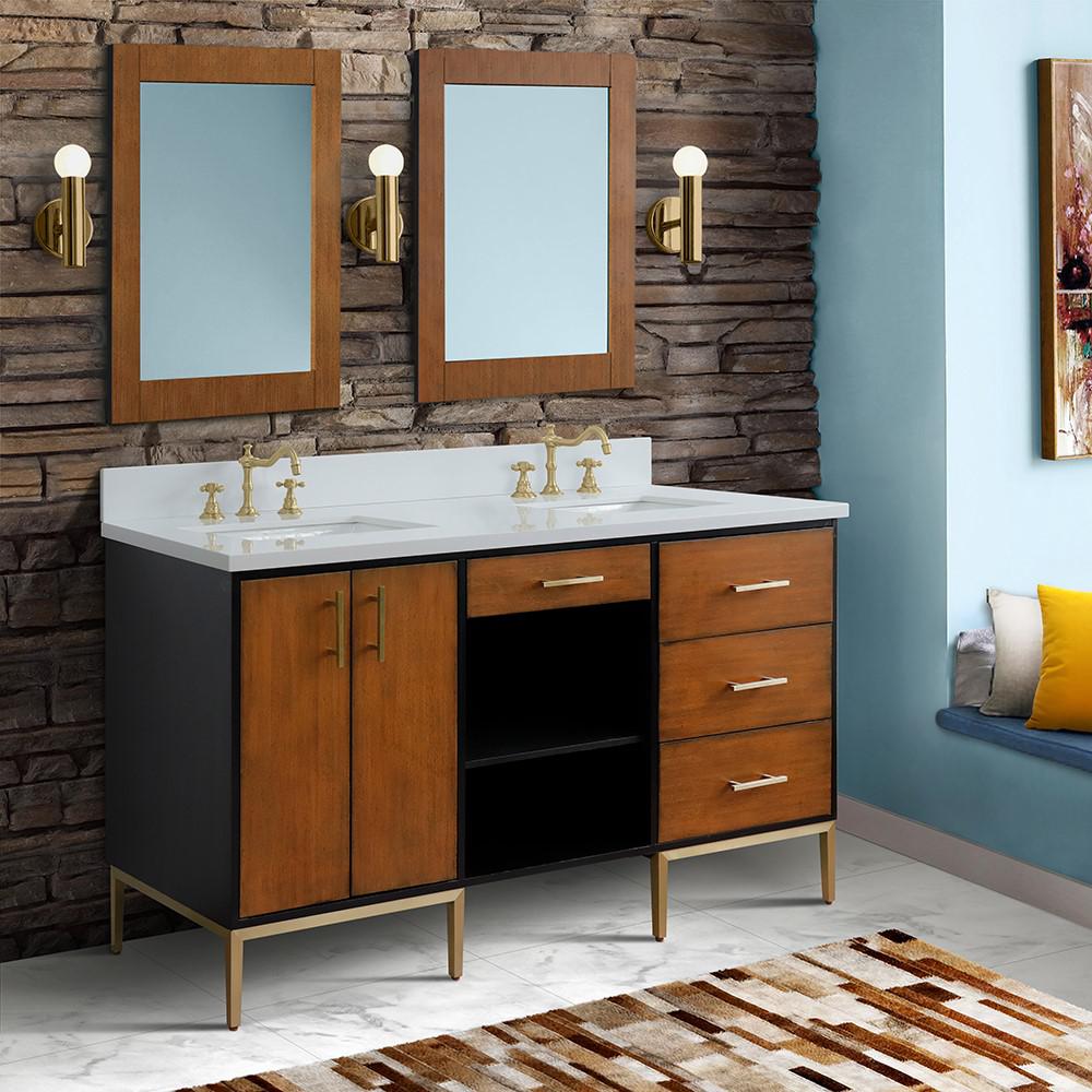 Double sink vanity in Walnut and Black and White quartz and rectangle sink. Picture 2