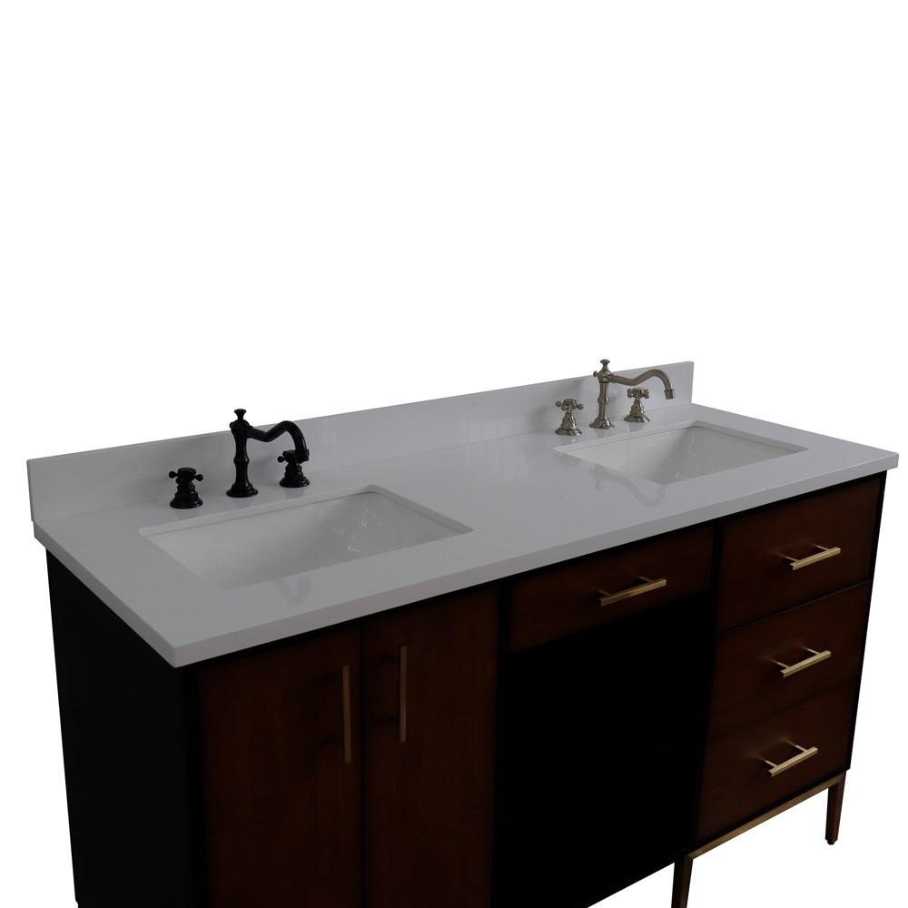 Double sink vanity in Walnut and Black and White quartz and rectangle sink. Picture 3