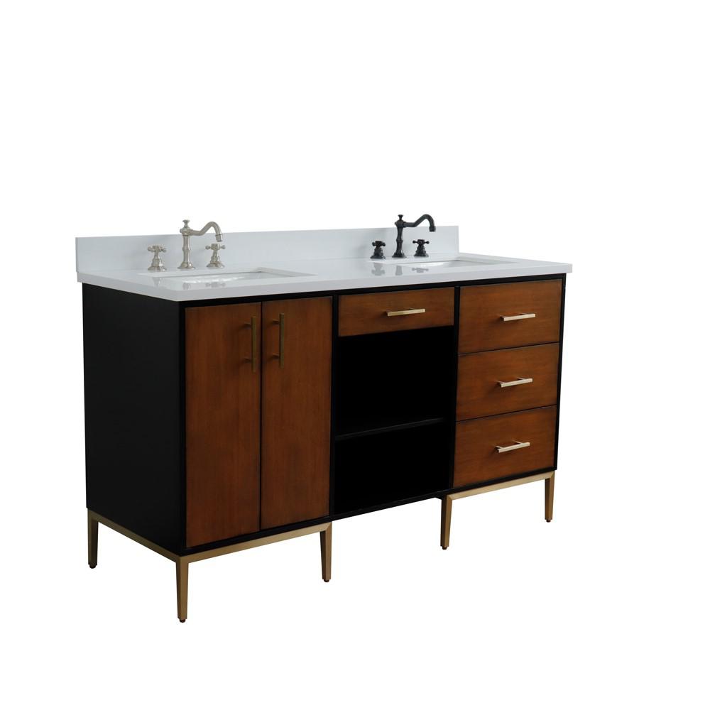 Double sink vanity in Walnut and Black and White quartz and rectangle sink. Picture 13