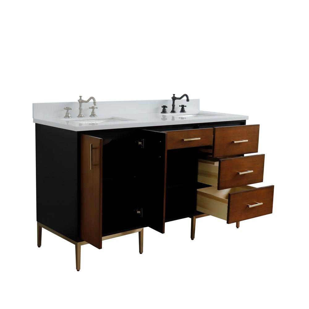 Double sink vanity in Walnut and Black and White quartz and rectangle sink. Picture 18