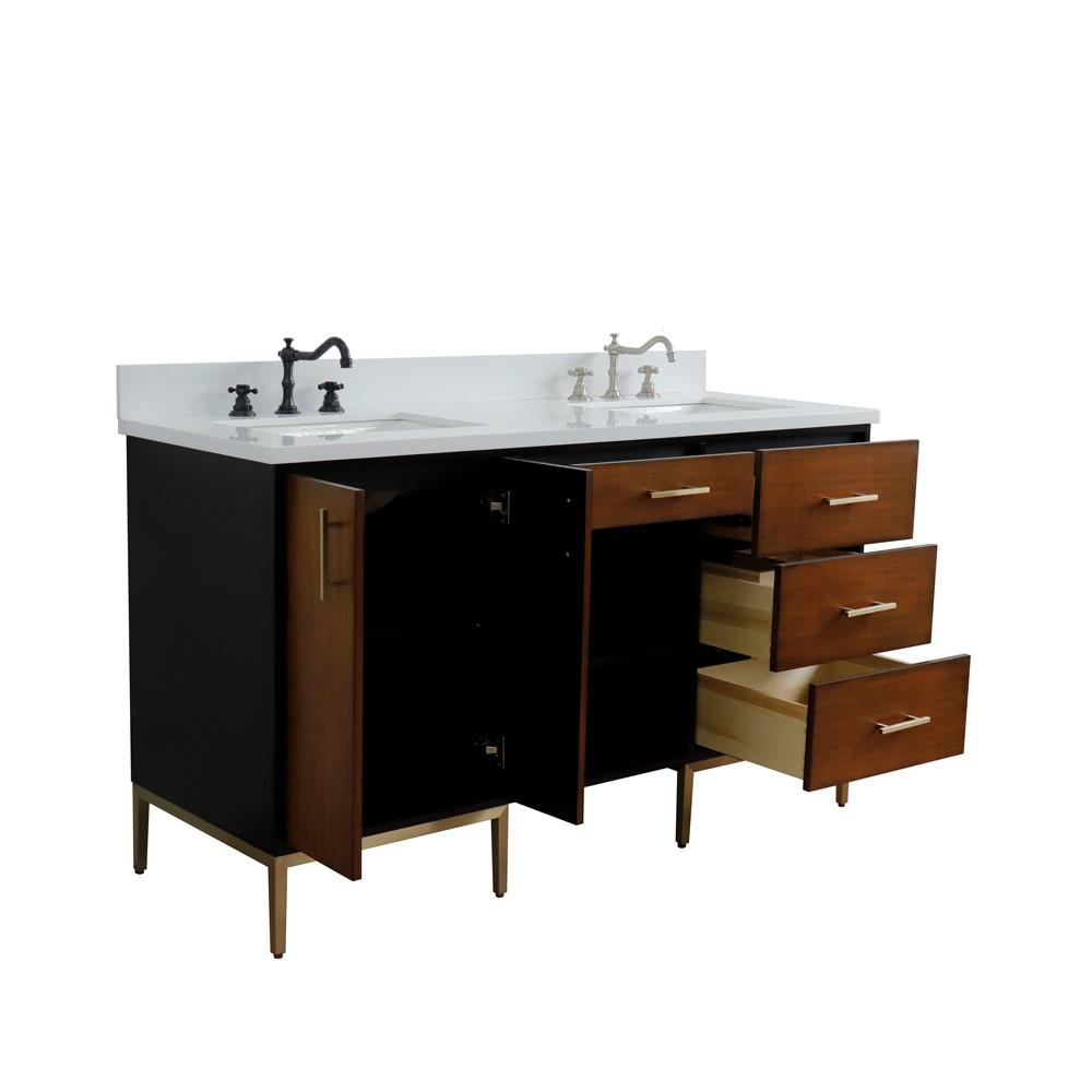 Double sink vanity in Walnut and Black and White quartz and rectangle sink. Picture 19