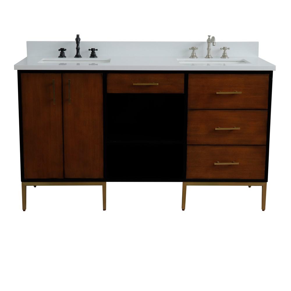 Double sink vanity in Walnut and Black and White quartz and rectangle sink. Picture 21