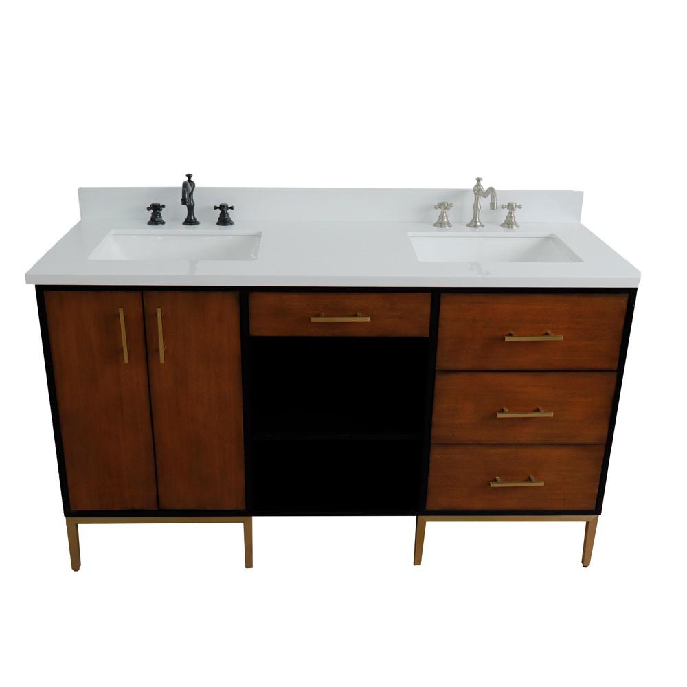 Double sink vanity in Walnut and Black and White quartz and rectangle sink. Picture 22
