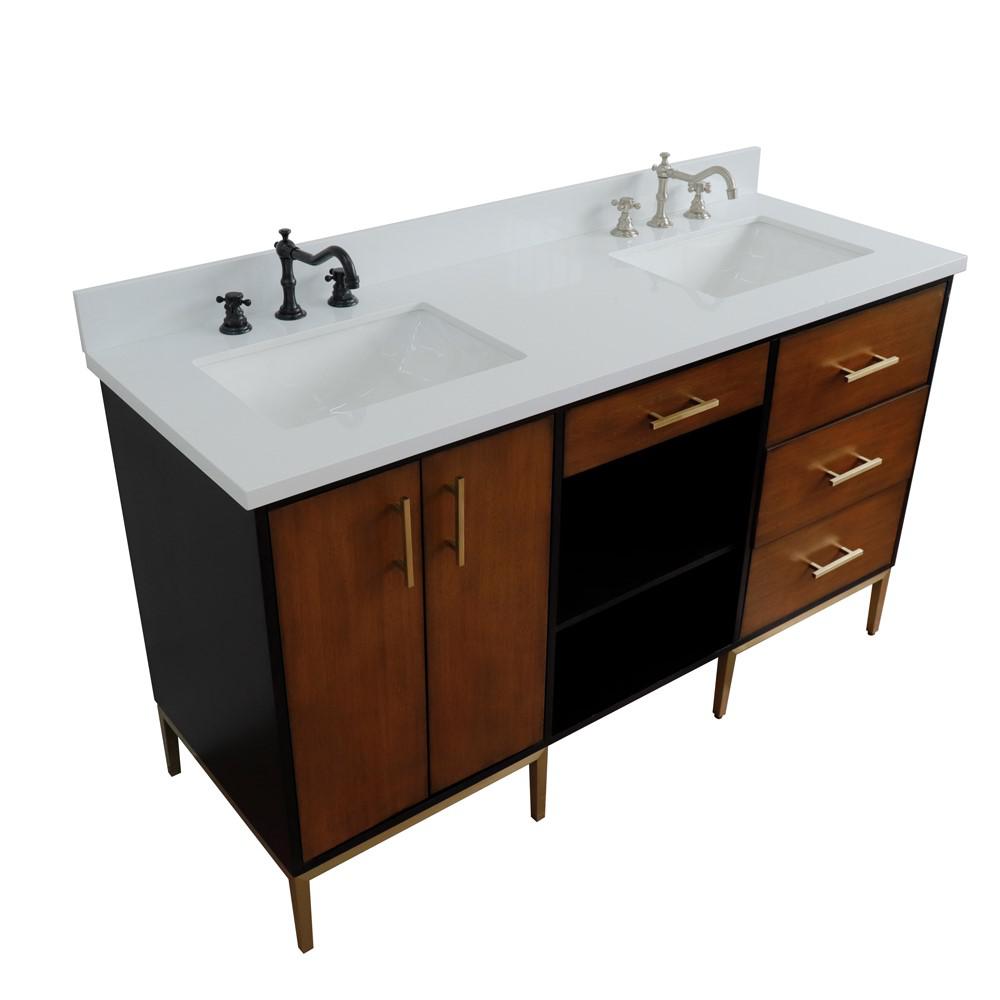 Double sink vanity in Walnut and Black and White quartz and rectangle sink. Picture 23