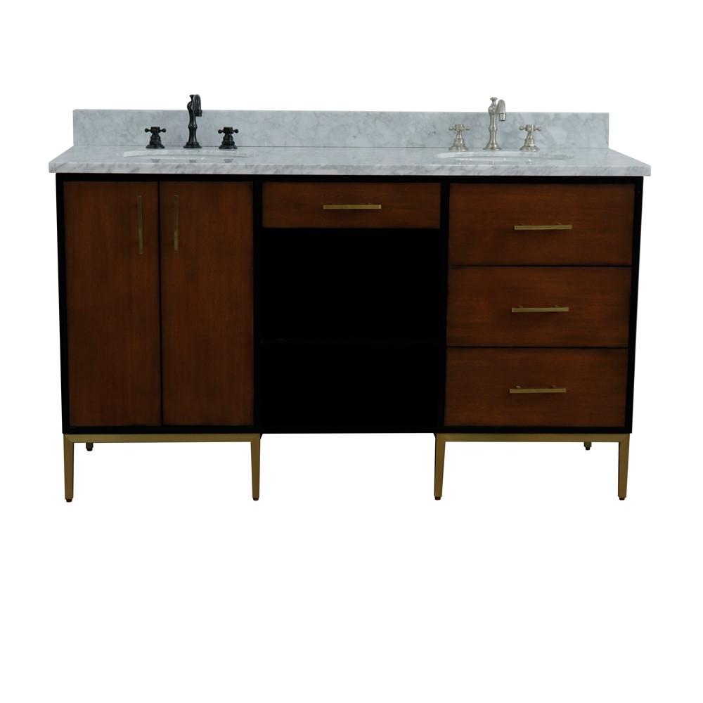 Double sink vanity in Walnut and White Carrara marble and oval sink. Picture 17