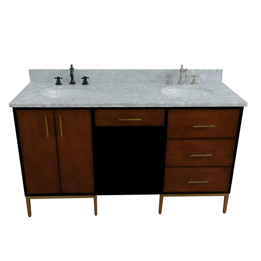 Double sink vanity in Walnut and White Carrara marble and oval sink. Picture 18