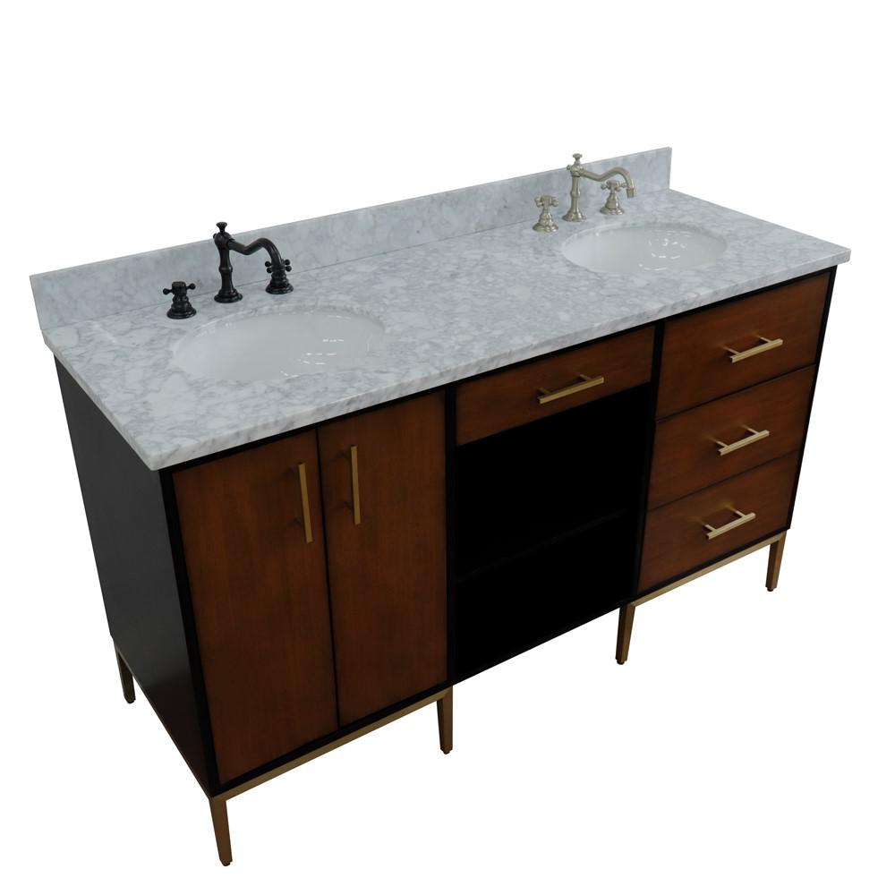 Double sink vanity in Walnut and White Carrara marble and oval sink. Picture 19