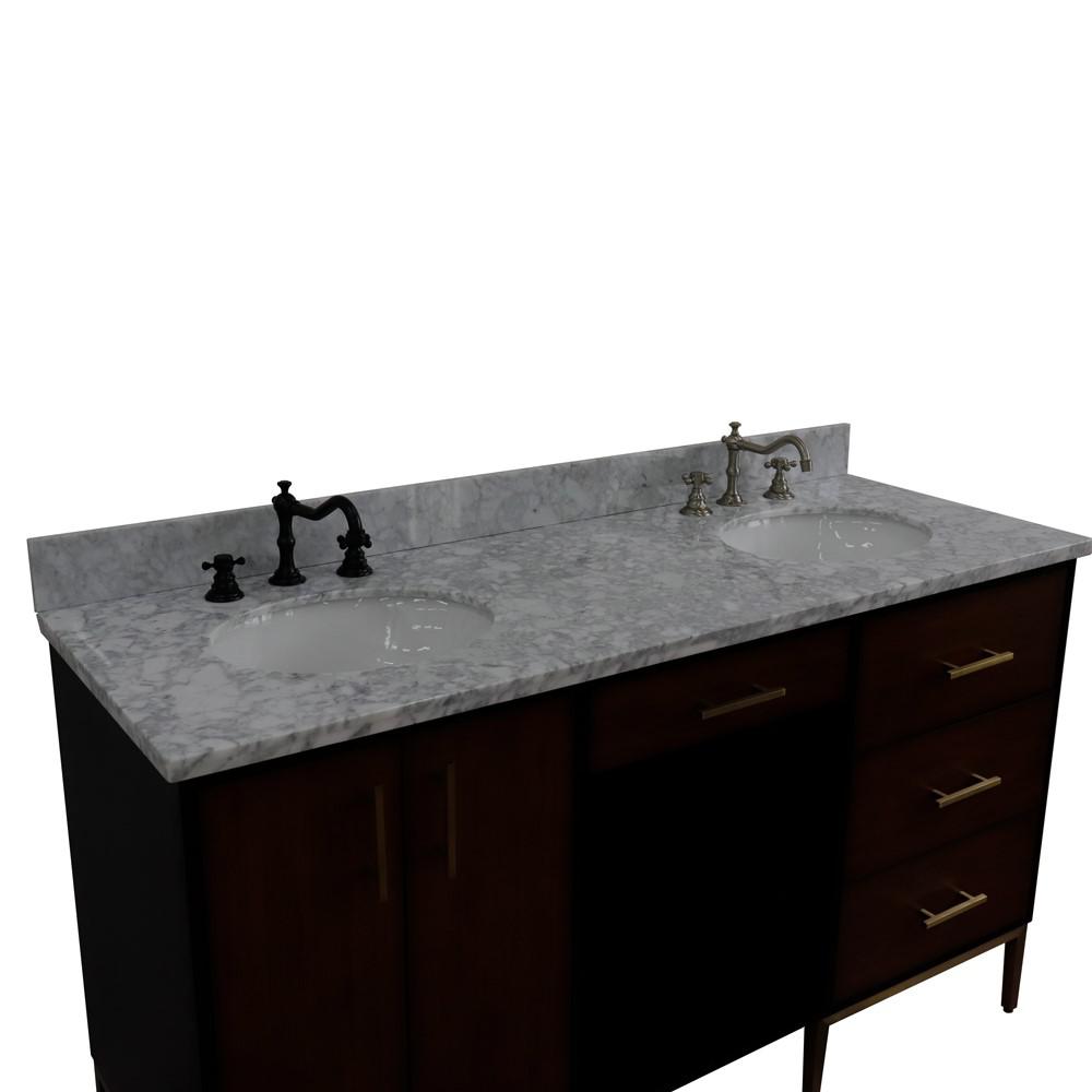 Double sink vanity in Walnut and White Carrara marble and oval sink. Picture 20
