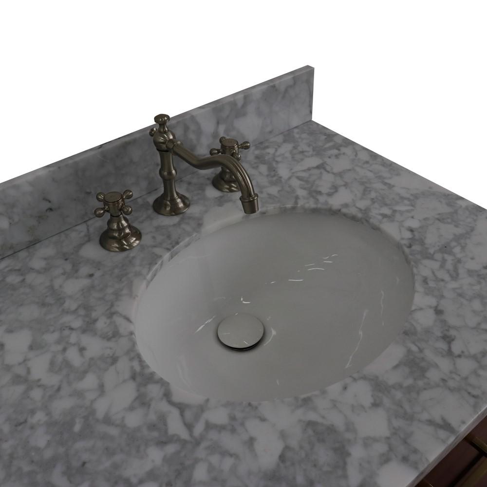 Double sink vanity in Walnut and White Carrara marble and oval sink. Picture 22