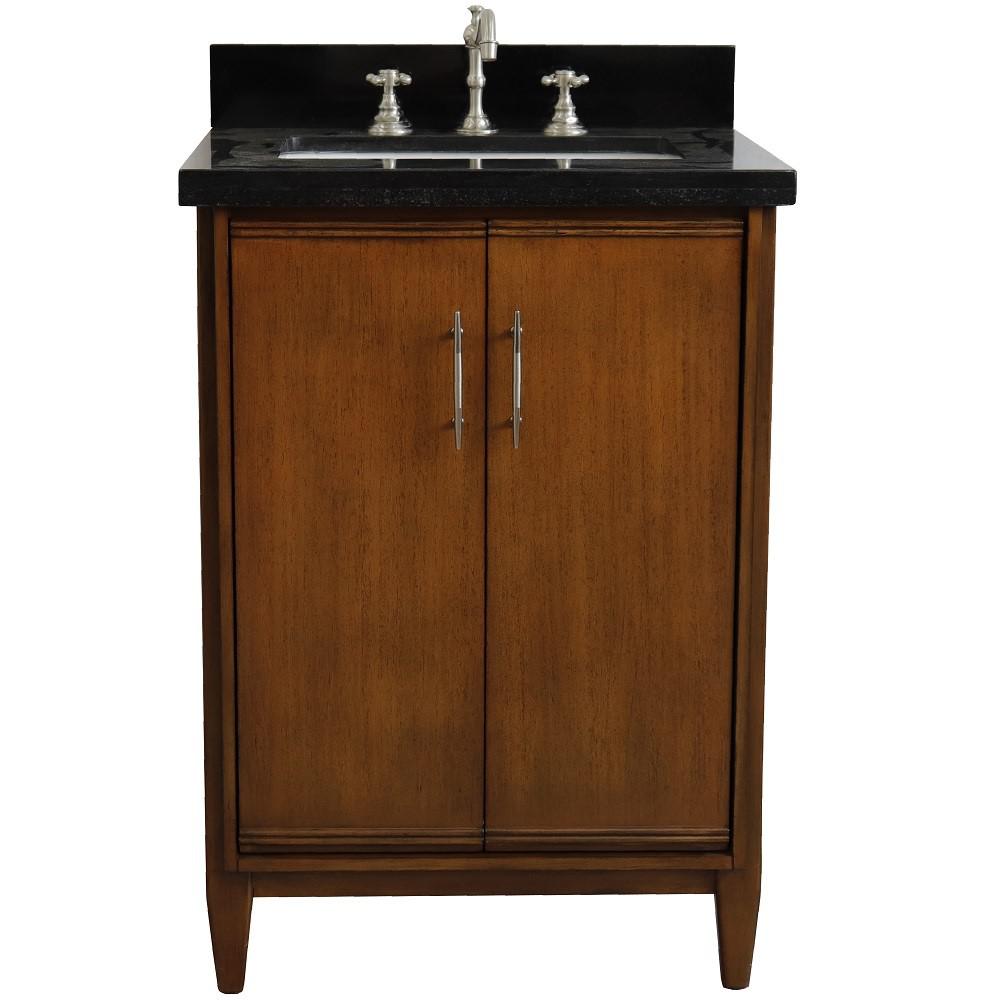 Single sink vanity in Walnut with Black galaxy granite and rectangle sink. Picture 7