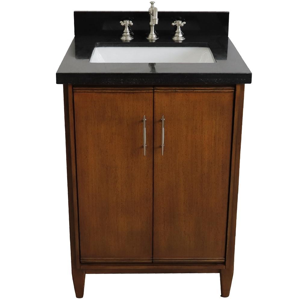 Single sink vanity in Walnut with Black galaxy granite and rectangle sink. Picture 10