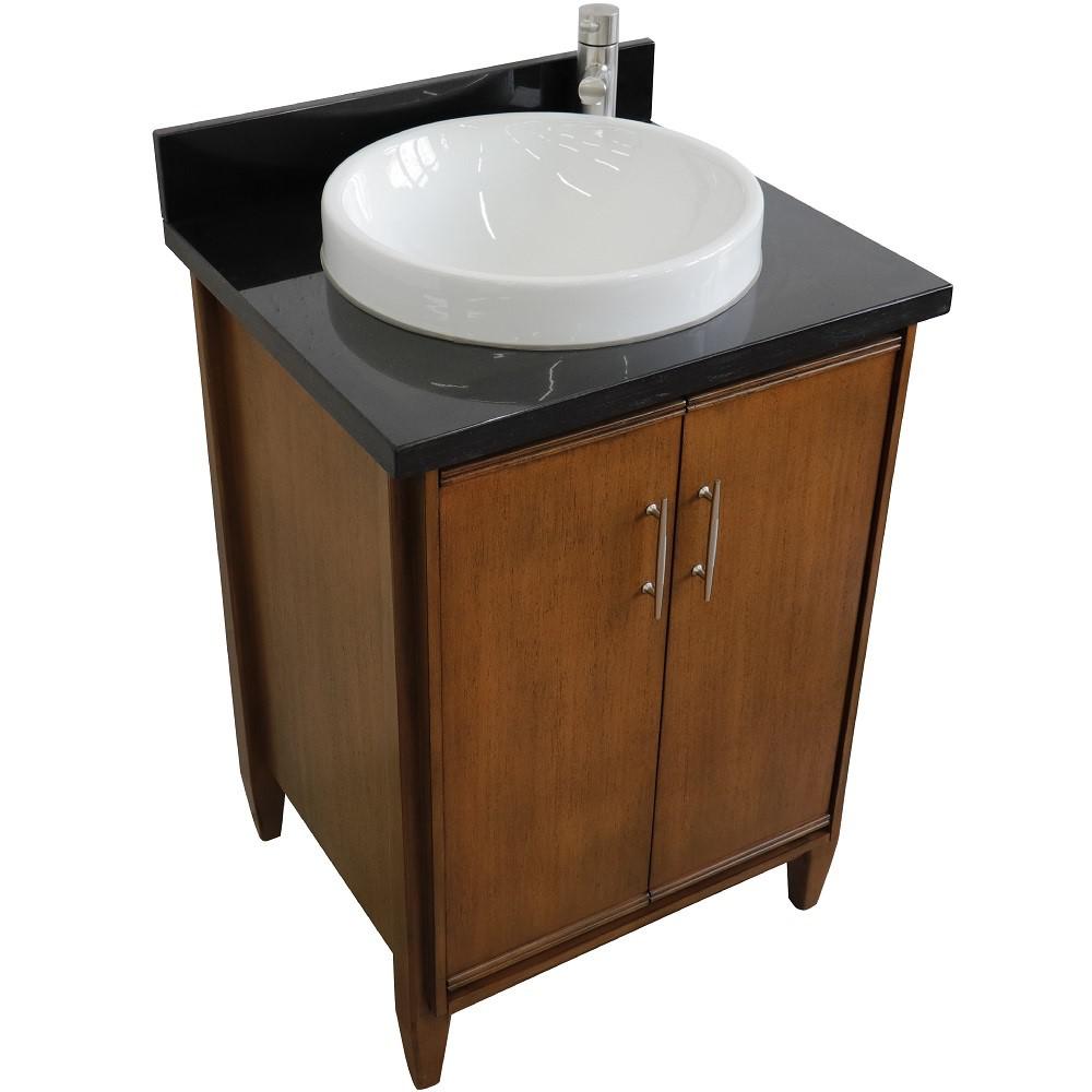 Single sink vanity in Walnut with Black galaxy granite and rectangle sink. Picture 24