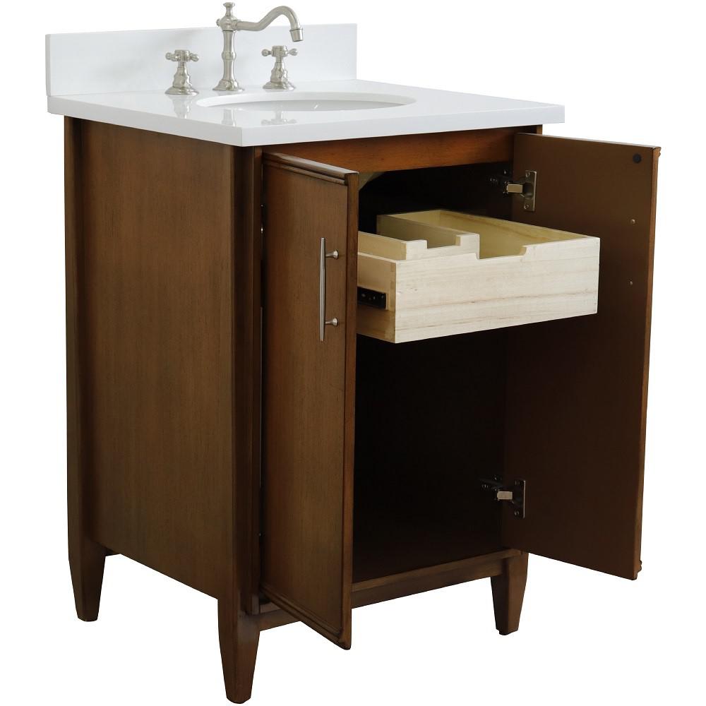 25 Single sink vanity in Walnut finish with White quartz and oval sink. Picture 6
