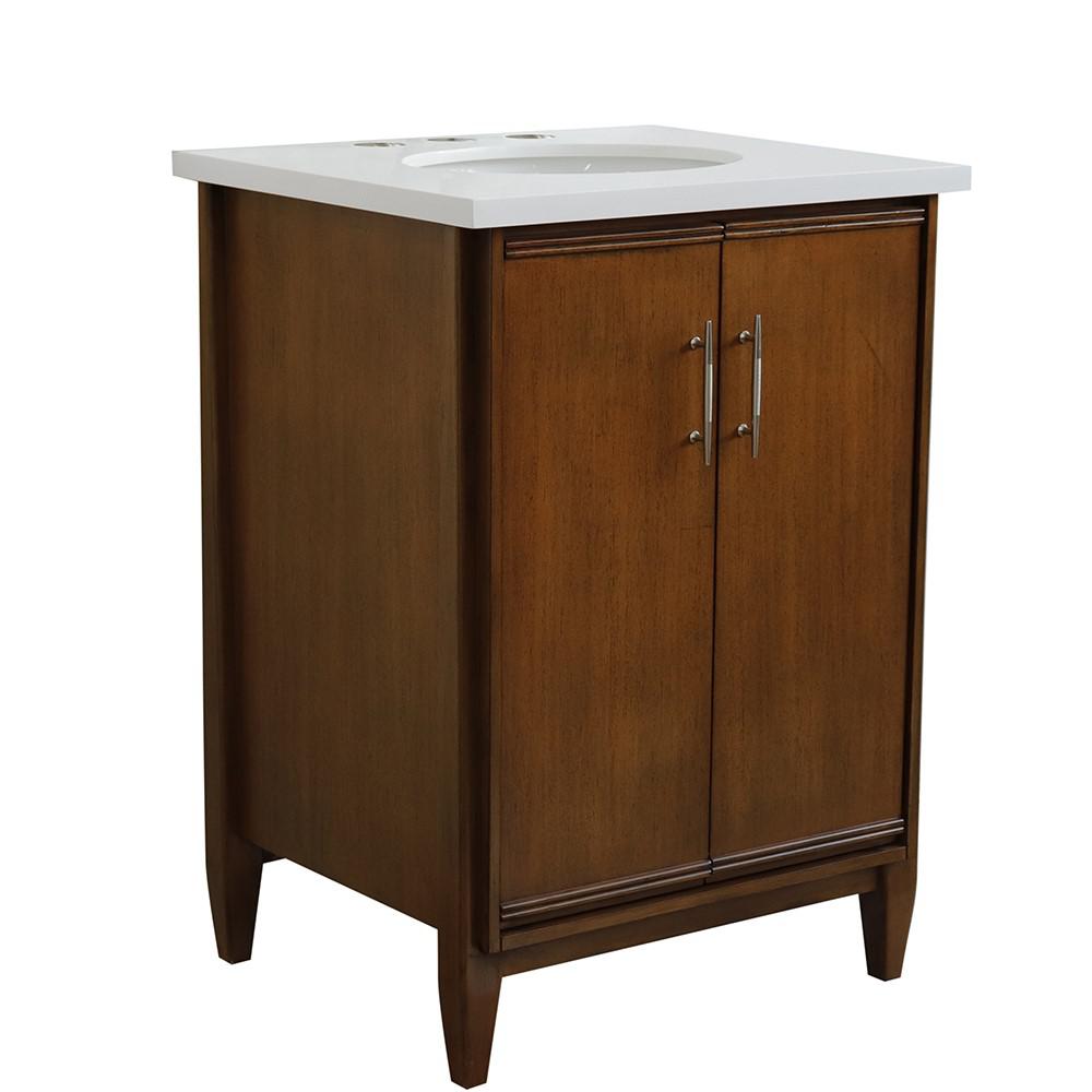 25 Single sink vanity in Walnut finish with White quartz and oval sink. Picture 1