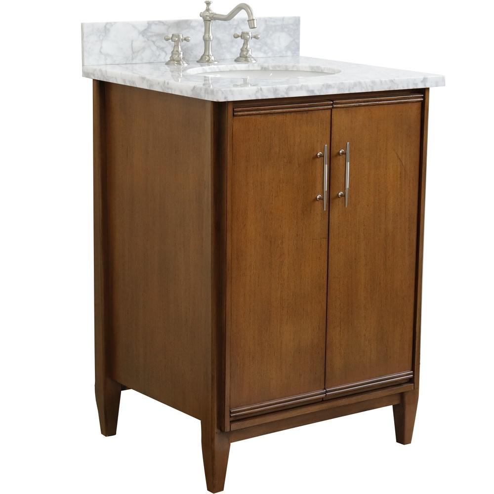 25 Single sink vanity in Walnut finish with White Carrara marble and oval sink. Picture 5