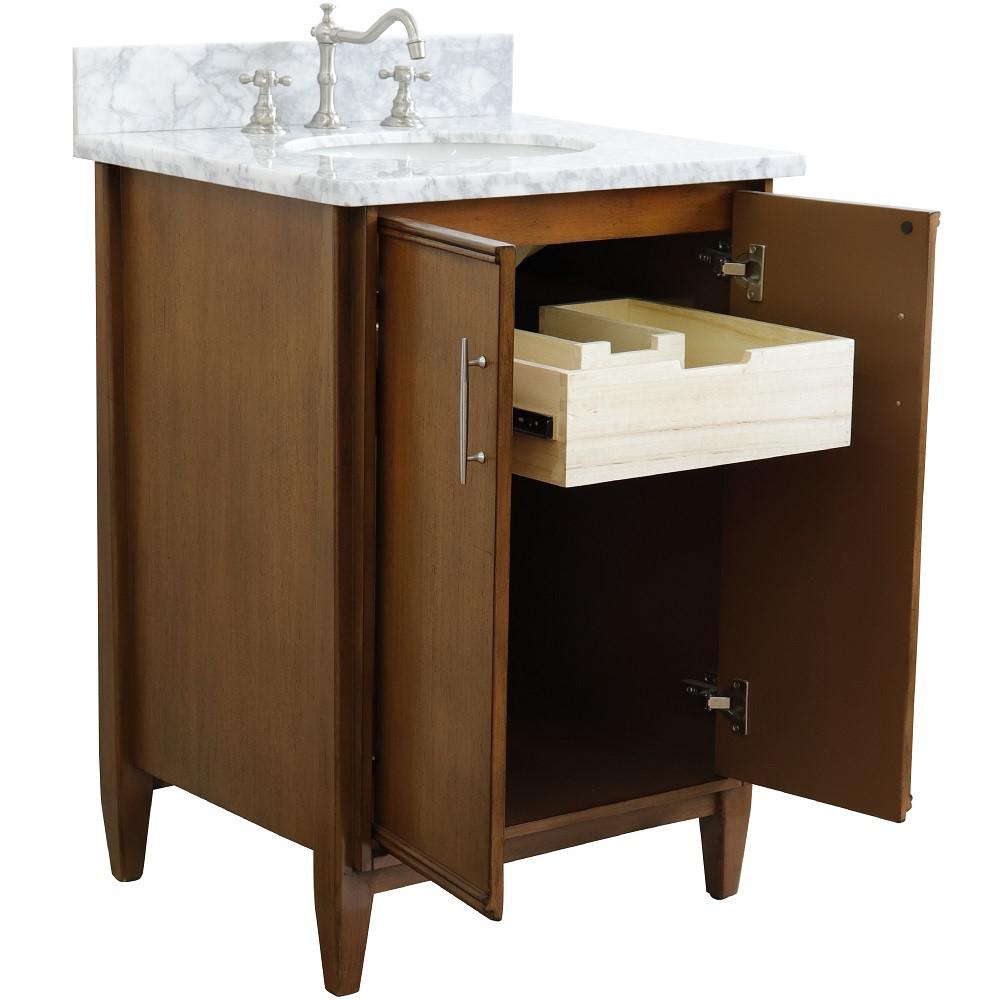 25 Single sink vanity in Walnut finish with White Carrara marble and oval sink. Picture 6