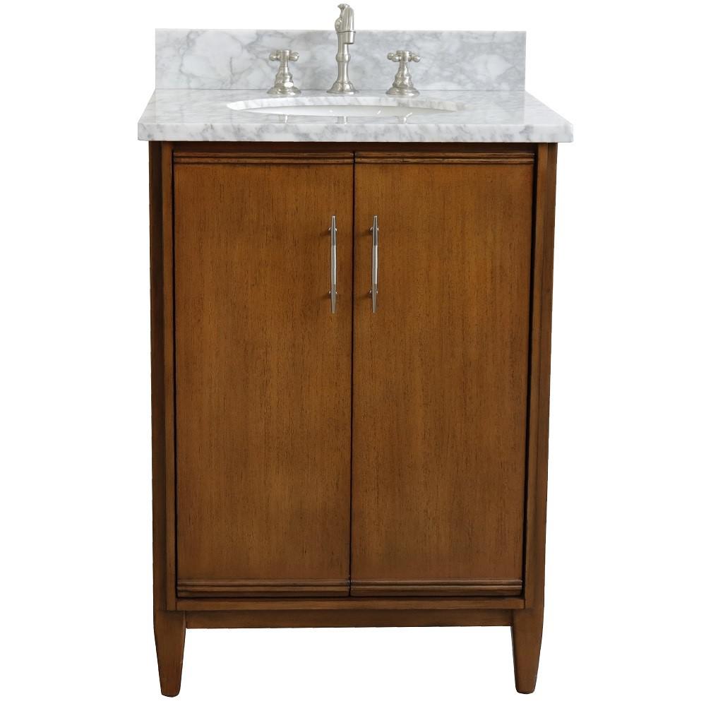 25 Single sink vanity in Walnut finish with White Carrara marble and oval sink. Picture 7