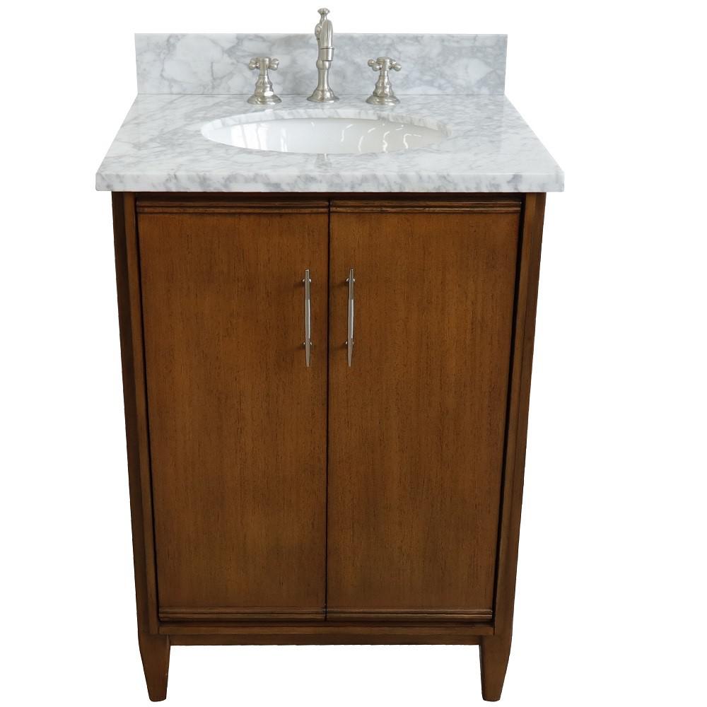 25 Single sink vanity in Walnut finish with White Carrara marble and oval sink. Picture 10