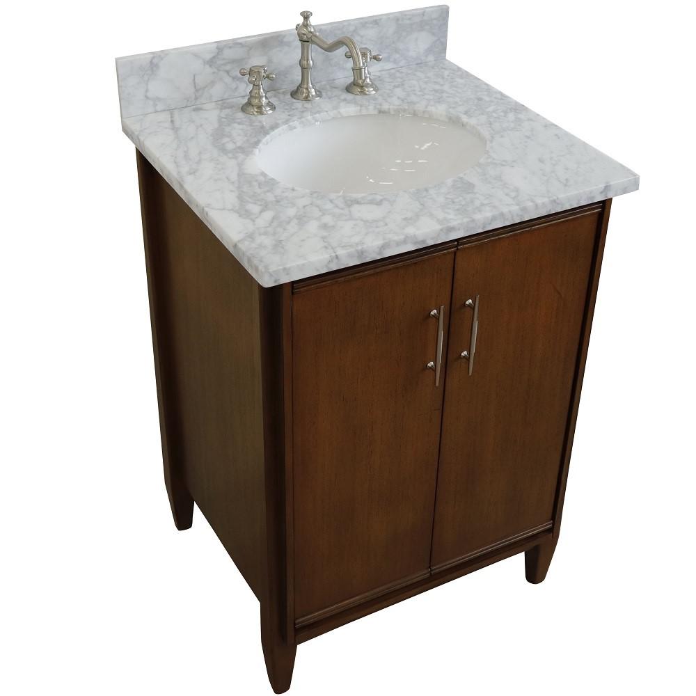 25 Single sink vanity in Walnut finish with White Carrara marble and oval sink. Picture 11