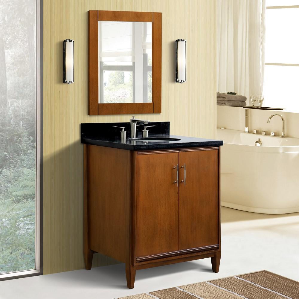 31 Single sink vanity in Walnut finish with Black galaxy granite with oval sink. Picture 2