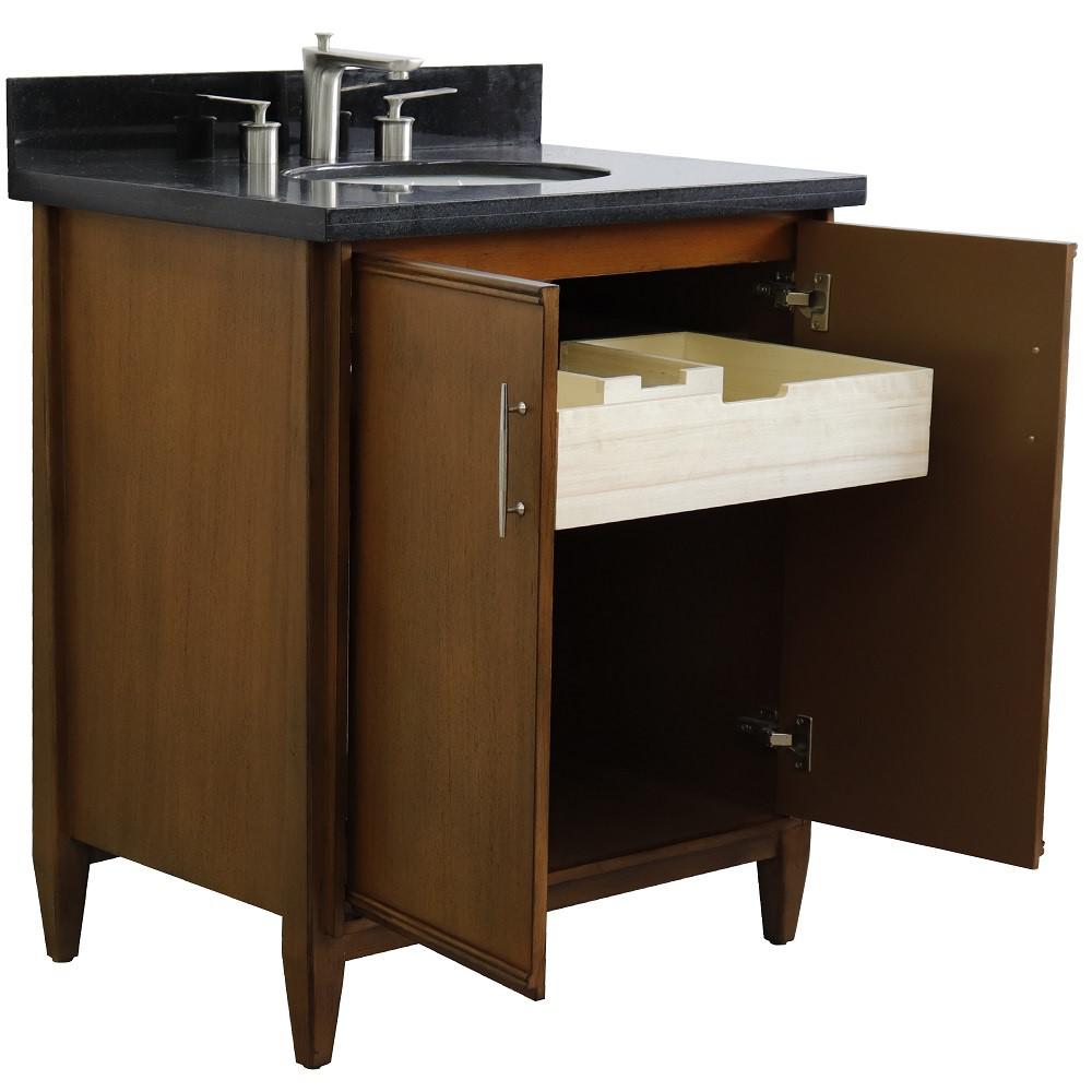 31 Single sink vanity in Walnut finish with Black galaxy granite with oval sink. Picture 5