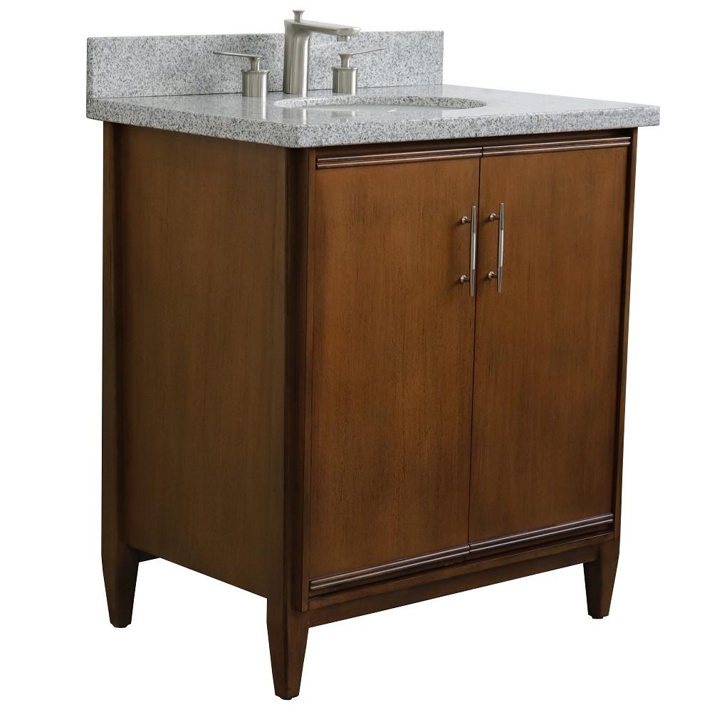31 Single sink vanity in Walnut finish with Gray granite with oval sink. Picture 4
