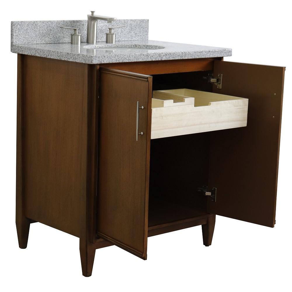 31 Single sink vanity in Walnut finish with Gray granite with oval sink. Picture 5