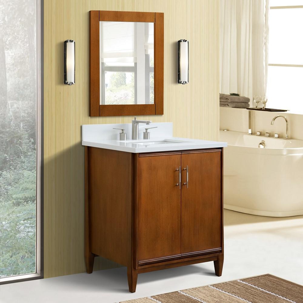 31 Single sink vanity in Walnut finish with White quartz with rectangle sink. Picture 2