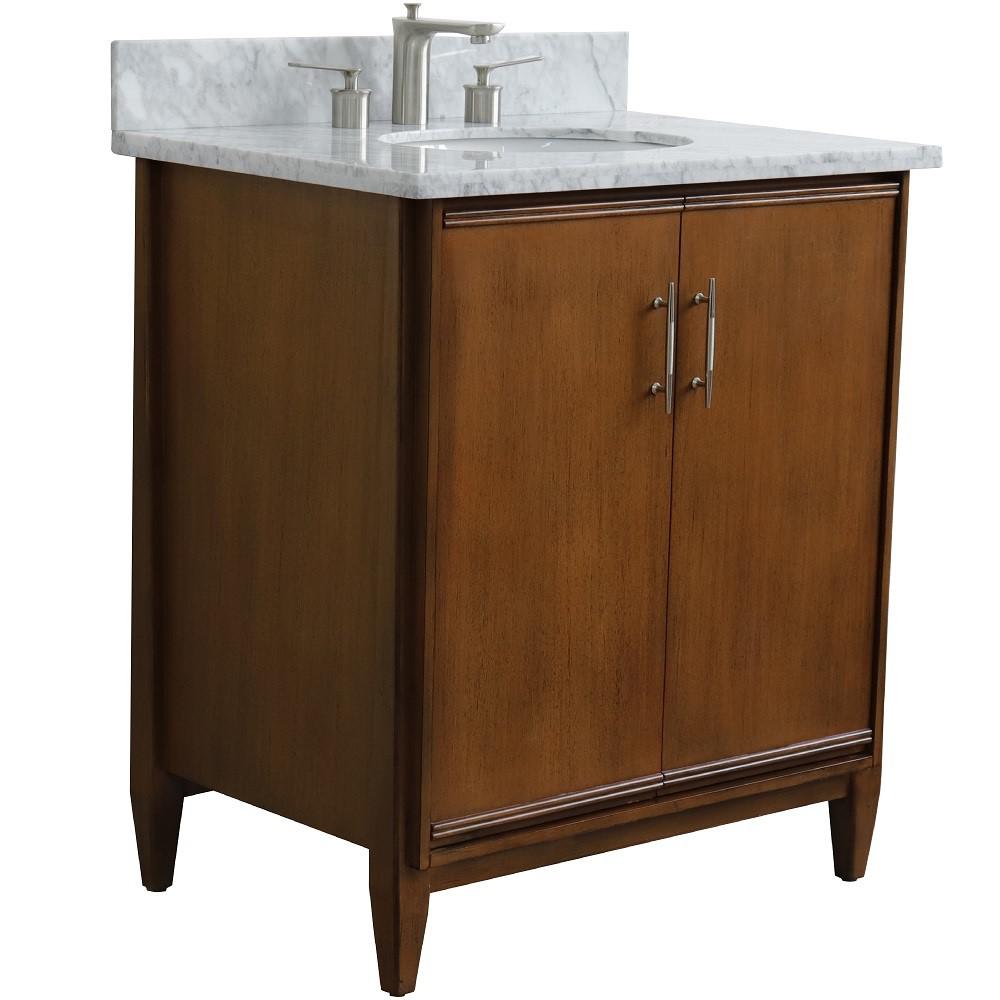 31 Single sink vanity in Walnut finish with White Carrara marble with oval sink. Picture 4