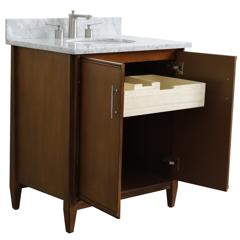 31 Single sink vanity in Walnut finish with White Carrara marble with oval sink. Picture 5