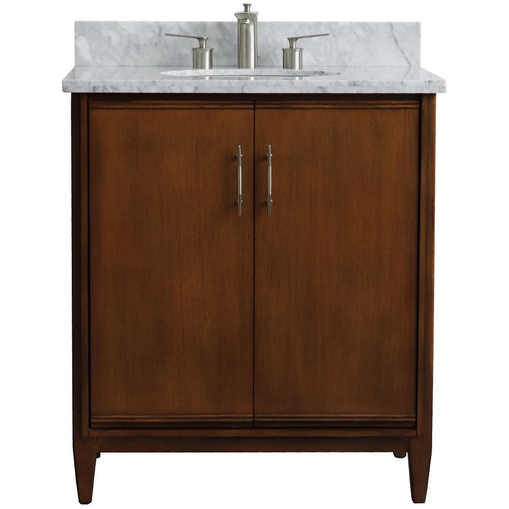 31 Single sink vanity in Walnut finish with White Carrara marble with oval sink. Picture 6
