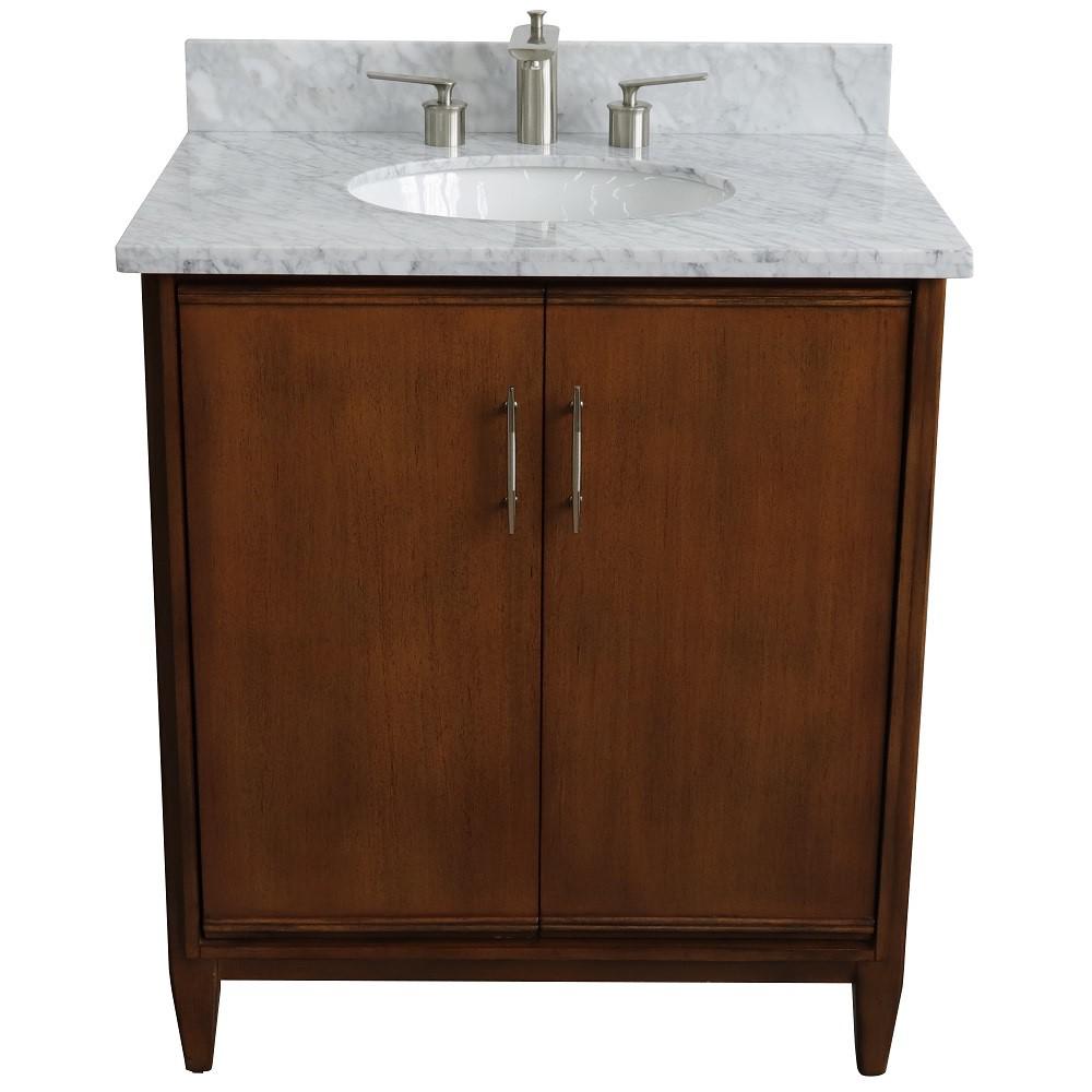 31 Single sink vanity in Walnut finish with White Carrara marble with oval sink. Picture 8