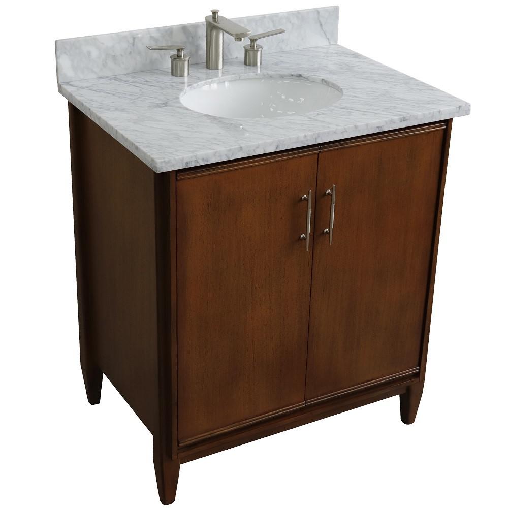31 Single sink vanity in Walnut finish with White Carrara marble with oval sink. Picture 9