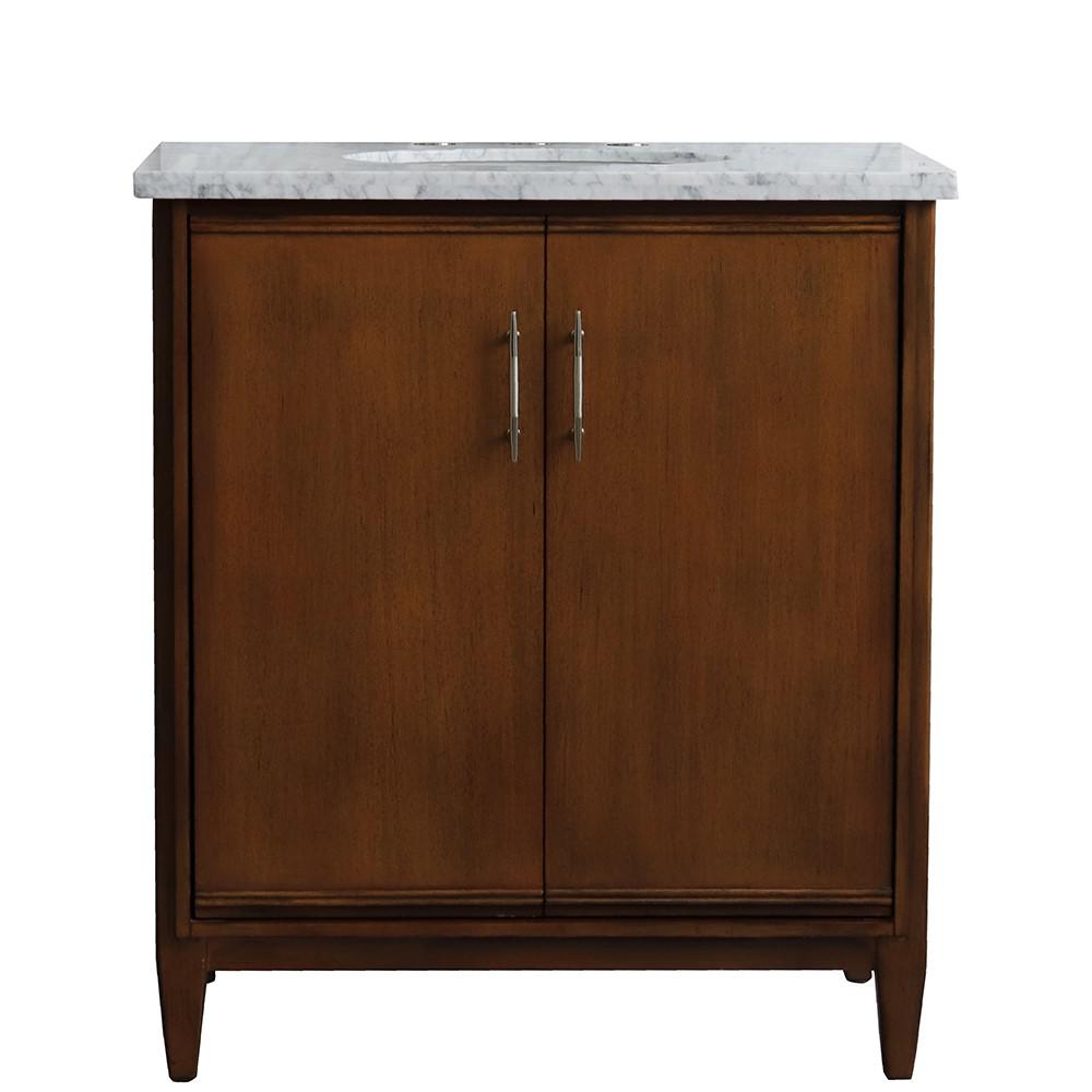 31 Single sink vanity in Walnut finish with White Carrara marble with oval sink. Picture 12