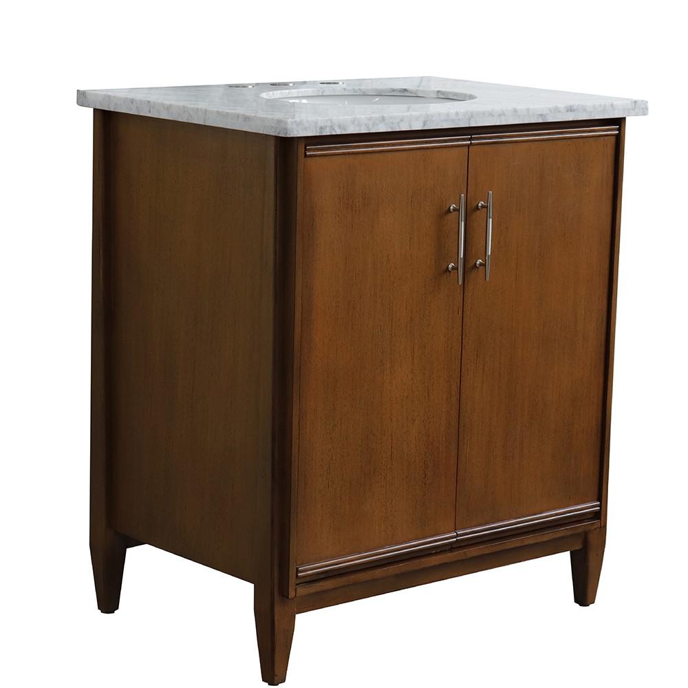 31 Single sink vanity in Walnut finish with White Carrara marble with oval sink. Picture 1