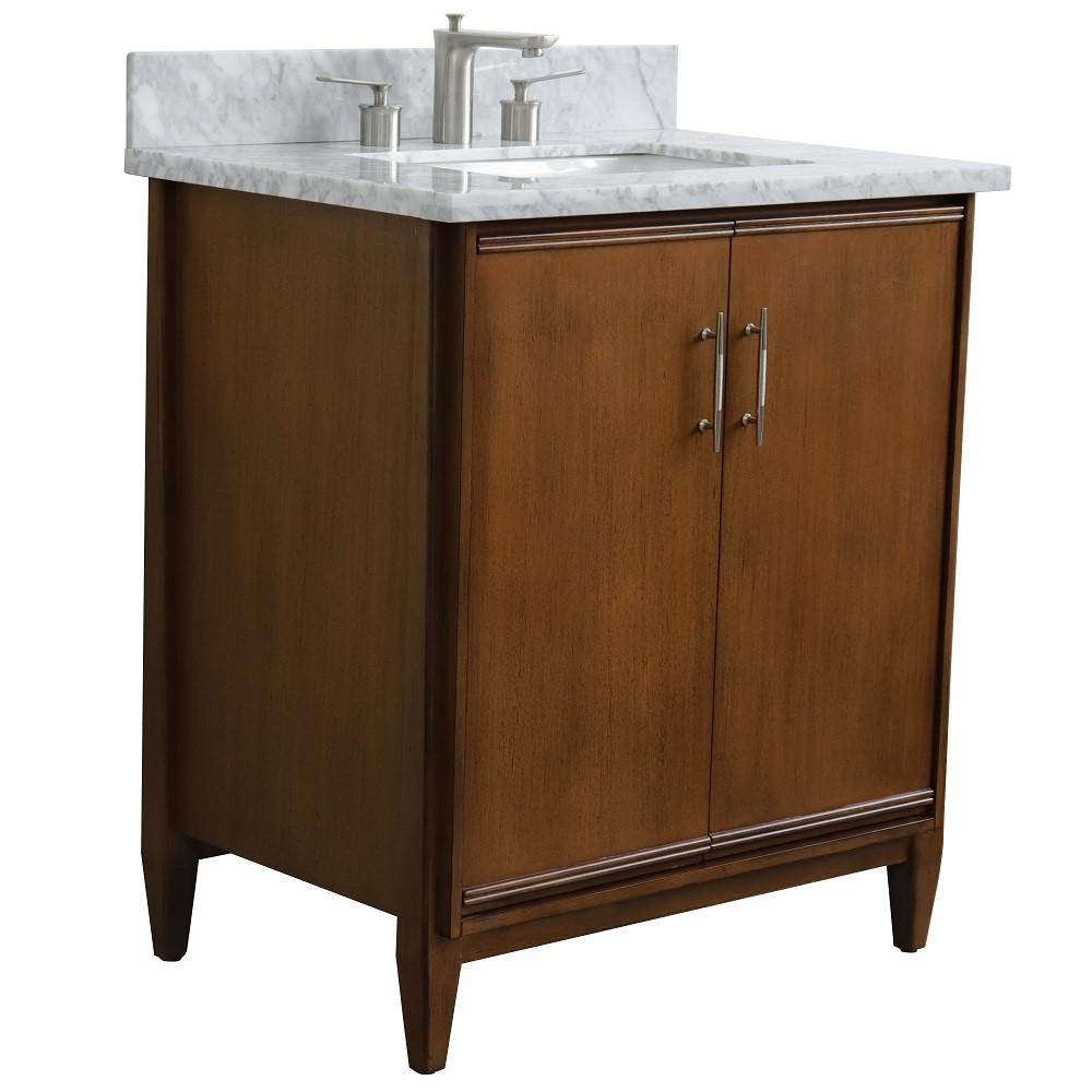 Single sink vanity in Walnut with White Carrara marble with rectangle sink. Picture 4