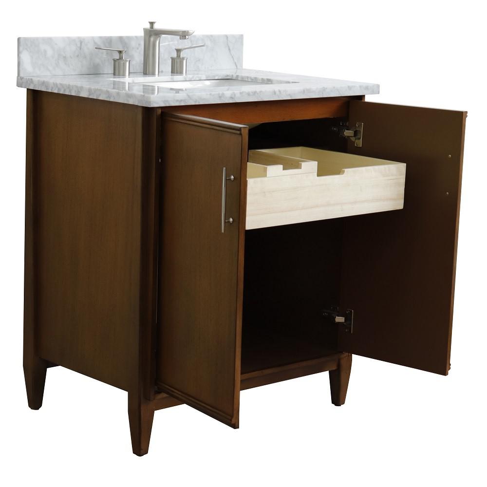 Single sink vanity in Walnut with White Carrara marble with rectangle sink. Picture 5