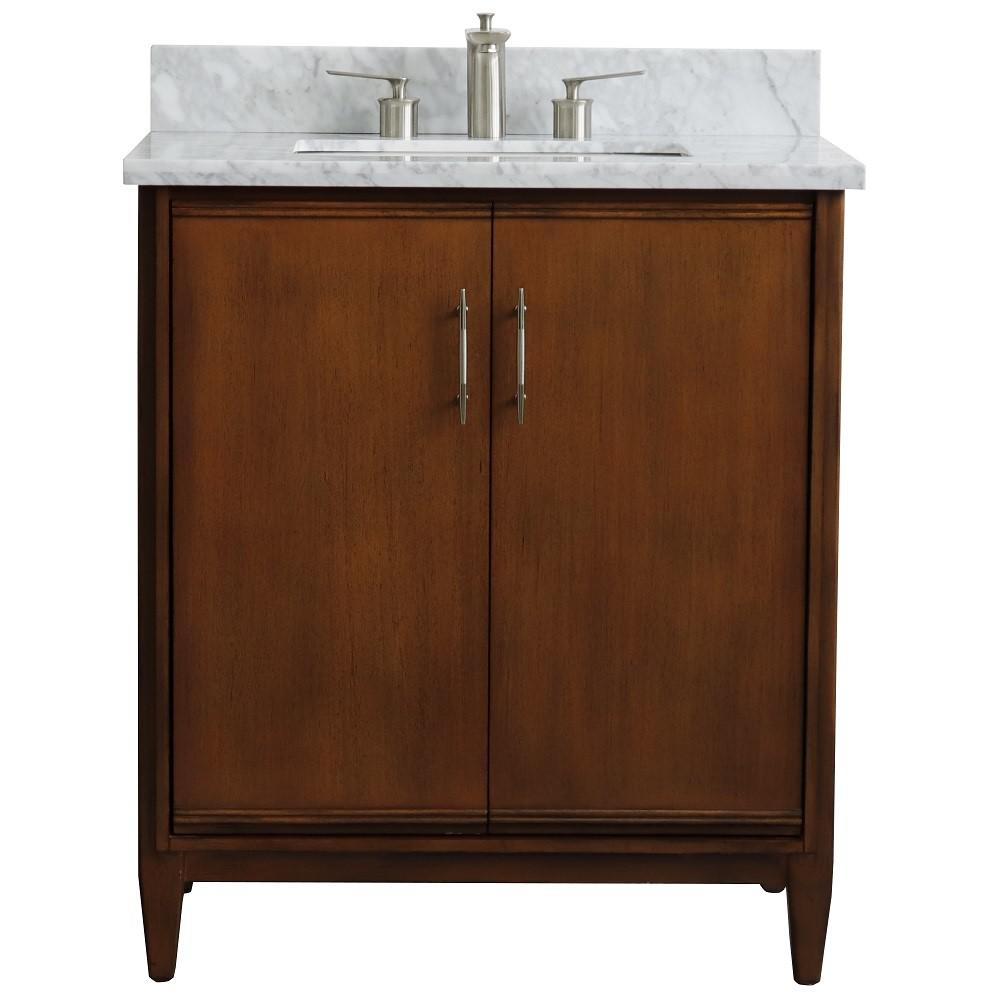Single sink vanity in Walnut with White Carrara marble with rectangle sink. Picture 6
