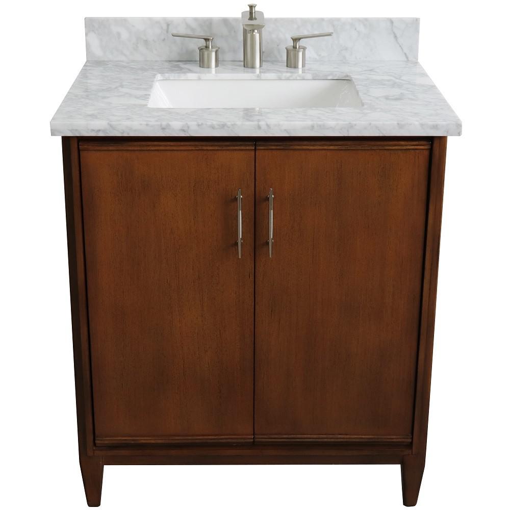 Single sink vanity in Walnut with White Carrara marble with rectangle sink. Picture 8