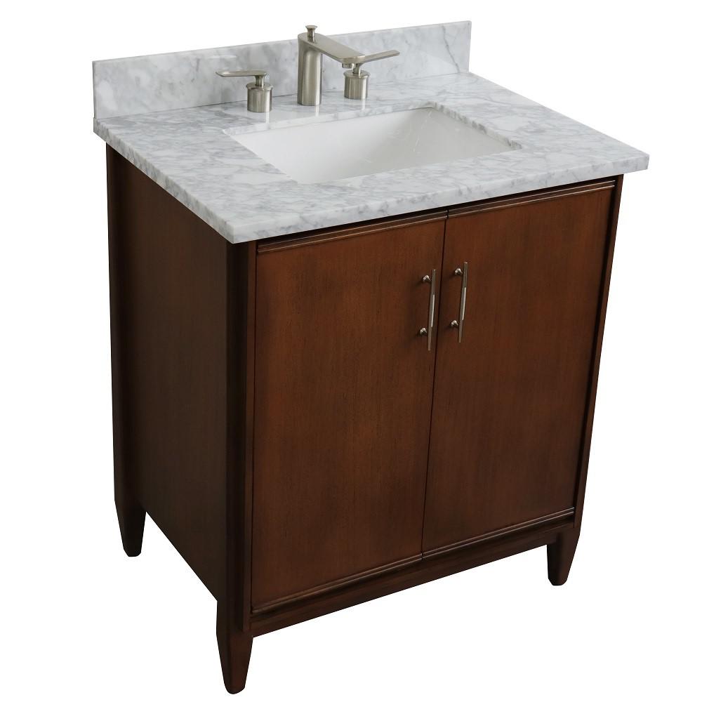 Single sink vanity in Walnut with White Carrara marble with rectangle sink. Picture 9